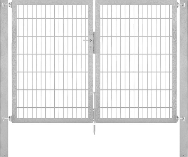 Doppeltor Flexo Plus aus Stahl in Silber, B: 200 cm, H: 140 cm, inklusive Pfosten B: 80 cm, T: 80 cm, feuerverzinkt - Bild 1