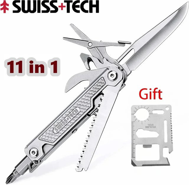 SWISS TECH 11-in-1 Mini-Multitool-Klappmesser aus Edelstahl in Silber für Outdoor und Camping - Bild 1
