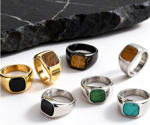 mprainbow Ring Edelstahl, Naturstein, Herren, Silber - Bild 1