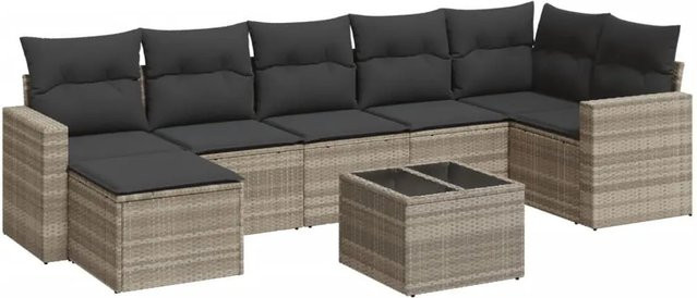 vidaXL 8-teilige Garten-Sofagarnitur in L-Form aus Poly Rattan mit Kissen und Couchtisch in Hellgrau - Bild 1