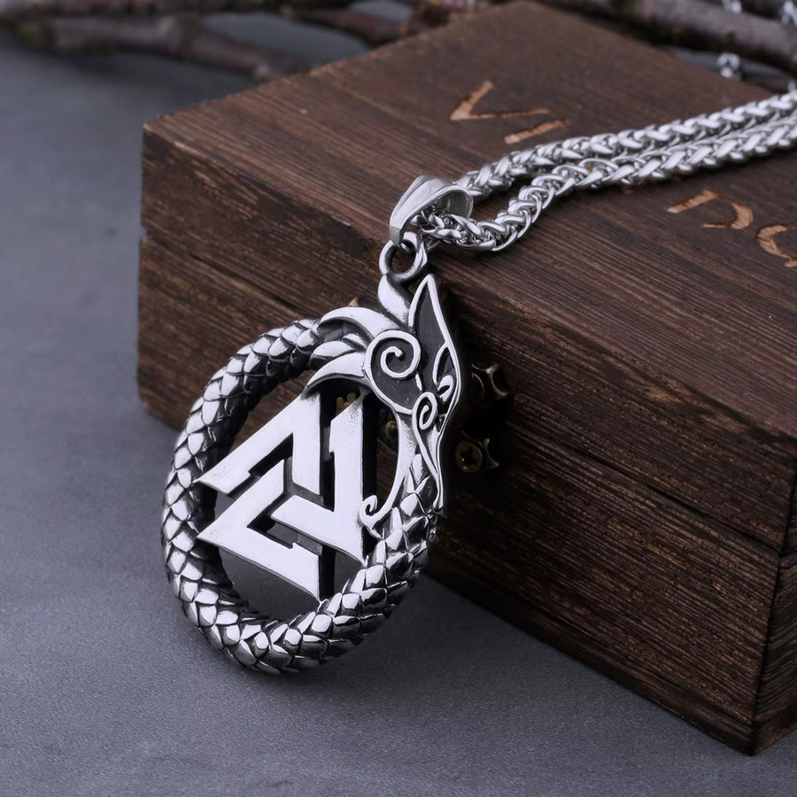 Vikings Never Fade Halskette, Ouroboros Valknut Rune Amulett, Edelstahl, Herren - Bild 1