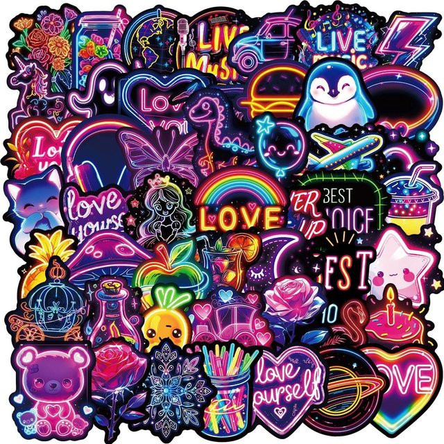 56 Stück Neon-Katzen-Graffiti-Aufkleber von Rd lala in Multicolor für Skateboard und Schreibwaren - Bild 1