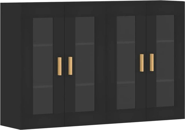 vidaXL Wandschränke 2er-Set Schwarz mit Glastüren aus Holzwerkstoff und Eukalyptusholz, B/T/H: 90 x 34 x 69,5 cm - Bild 1