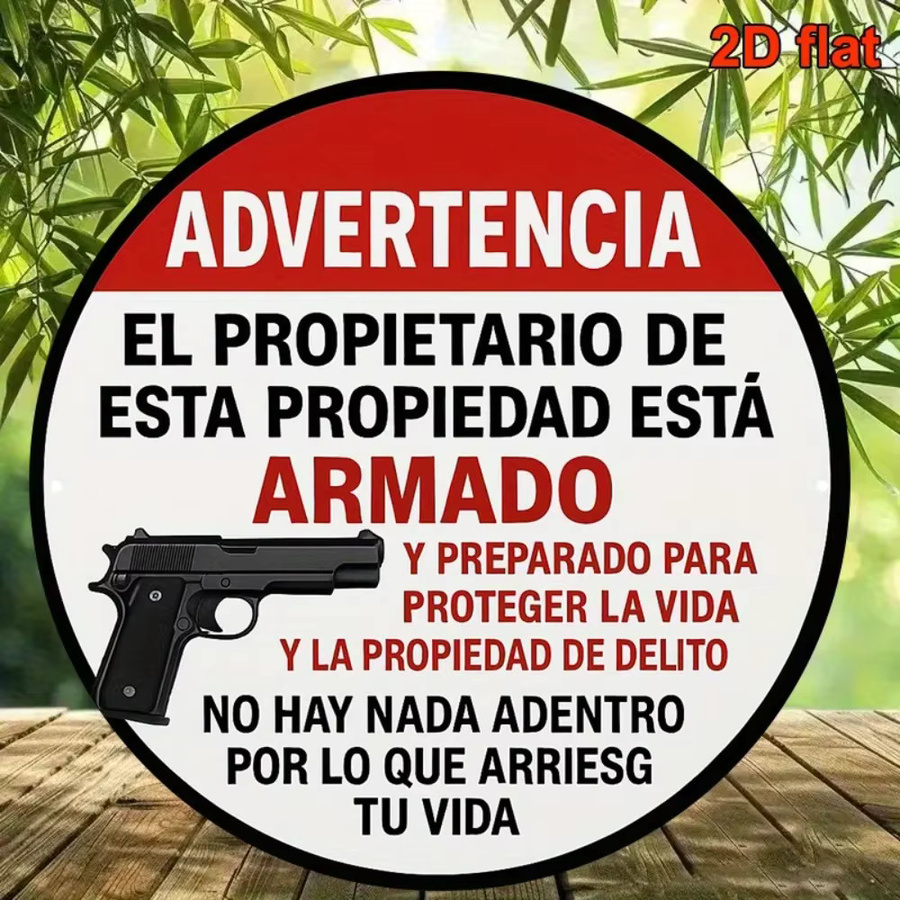 Bilinguales Spanisch-Englisch Aluminium-Schild Armed Homeowner im Vintage-Stil von CIFBUY, rund, Durchmesser: 20,32 cm - Bild 3