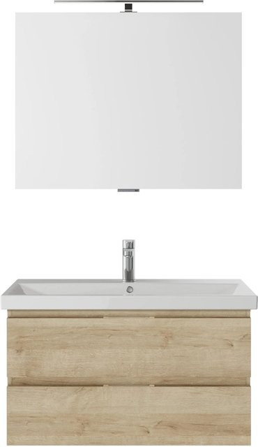 Pelipal Badmöbel-Set Serie 4035 3-tlg. grifflos in Riviera Eiche mit Doppelwaschtisch, Waschtischunterschrank und Spiegelschrank mit LED-Beleuchtung - Bild 1