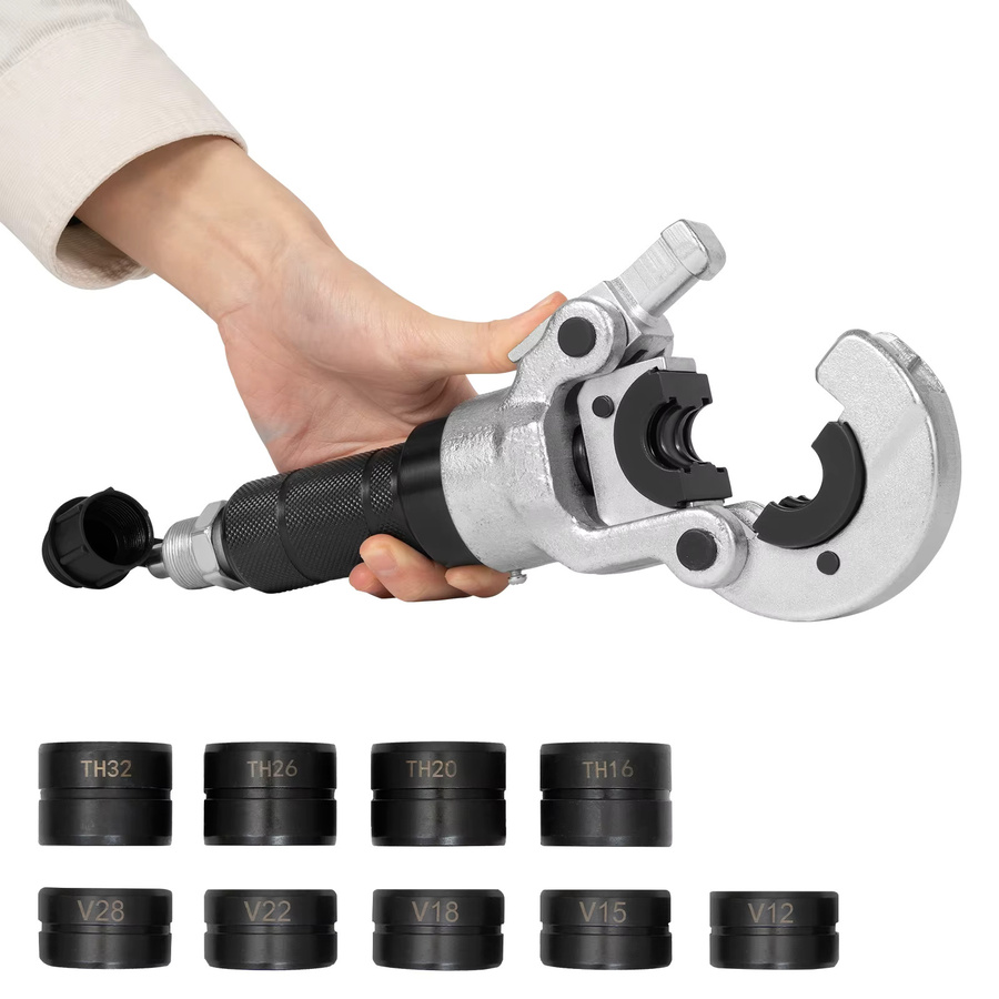 Bymaocar Hydraulikpumpen-Crimpzange Set in Gelb mit 6 Zähnen und 9 Matrizen für Edelstahlrohr, Kupferrohr, PEX und PB, Pressbereich V12–28 mm und TH16–32 mm - Bild 3