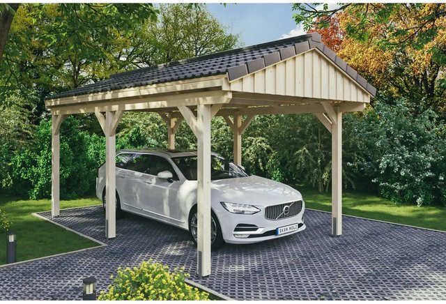 Skan Holz Carport Fichtelberg aus Fichte Leimholz in Beige mit spitzer Dachform, B/T: 317 x 566 cm, Höhe: 303 cm - Bild 1
