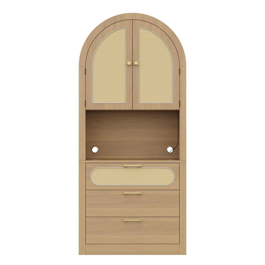 Merax Vitrinenschrank Hell-Eiche mit Rattantüren und LED-Beleuchtung, B/T/H: 80 x 35 x 180 cm - Bild 2