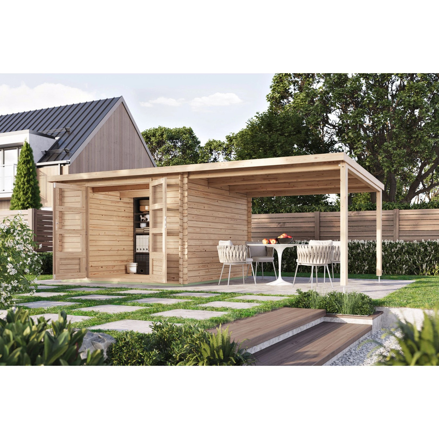 Karibu Gartenhaus Dortmund Set mit Anbaudach aus Massivholz Fichte in Braun mit Pultdach und Blockbohlenbauweise - Bild 2