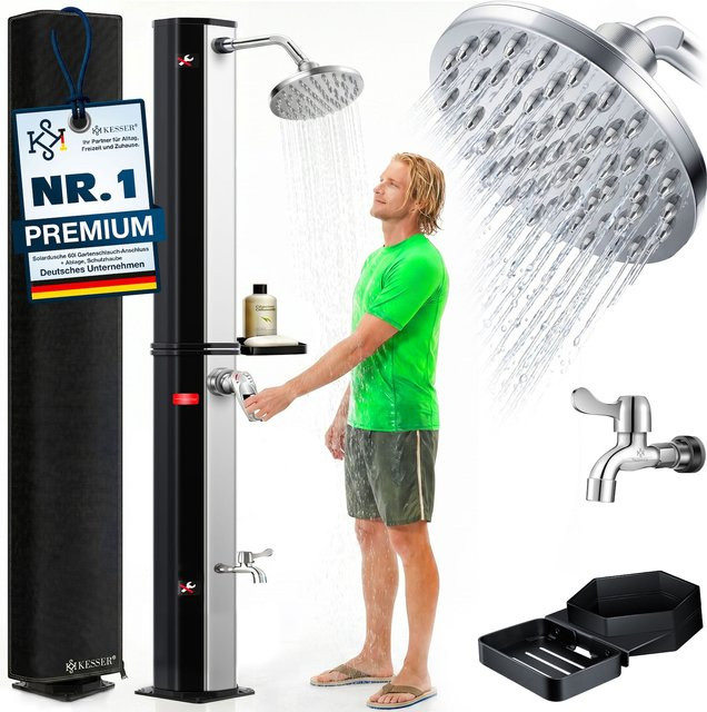 KESSER Solardusche für Garten und Camping mit 40-60 Litern, Regenduschkopf, Metall-Duschablage und Schutzhaube in Schwarz - Bild 1
