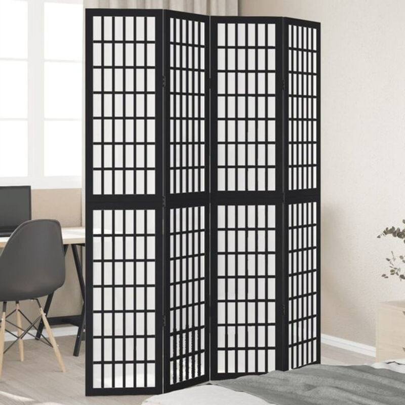 4-tlg. Paravent Vidaxl aus Massivholz Paulownia in Schwarz, geometrisches Design, B/H: 200 x 140 cm - Bild 1