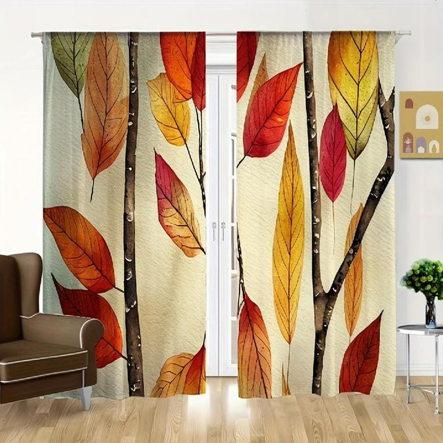 2er-Set Küchenvorhänge mit Aquarell Botanik Design, halbtransparentes Blattwerk Muster in Mehrfarbig, Breite: 65 cm, Höhe: 60 cm - Bild 1