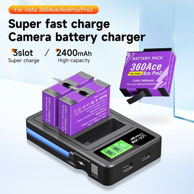 PALO Smart Ladegerät mit LCD-Display für Insta360 Ace Pro und Ace Pro 2 Action Kamera mit 3 Slots - Bild 1