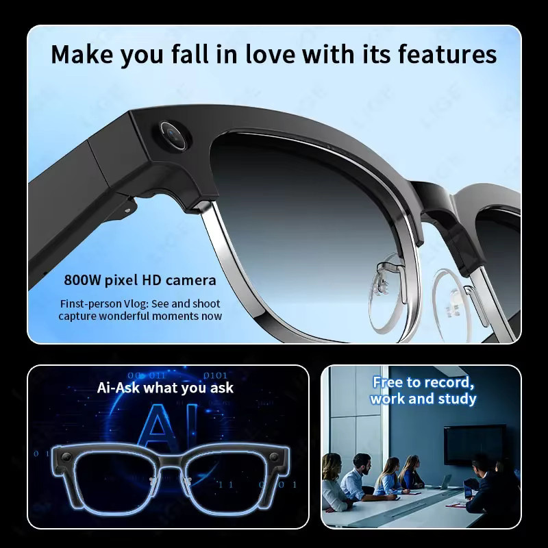 LIGE AI Smart-Brille mit 4K-Kamera, wasserdichte Bluetooth-Sonnenbrille mit Farbwechsel-Linse für HD-Videoaufnahmen und Anrufe, Schwarz/Transparent - Bild 3
