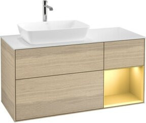 V&B Waschtischunterschrank Finion mit Wandbeleuchtung, Farbe Weiß und Eiche lackiert, Breite: 120 cm - Bild 1