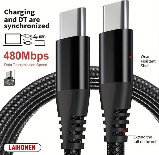 LAIHONEN USB-C Schnellladekabel für Samsung Galaxy Z Flip 4-2 5G und Z Fold 4-2 Android Handys, Farbe: Schwarz - Bild 1