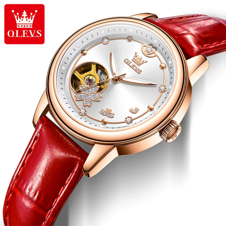 OLEVS Armbanduhr Automatik, Edelstahl, Leder, Diamantbesetzt, Damen - Bild 2