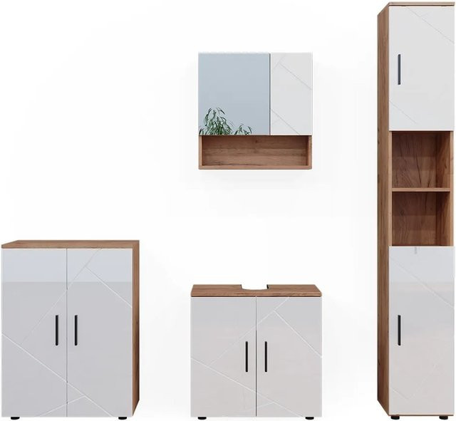 Vicco Badmöbelset Irma in Eiche und Weiß Hochglanz, modernes 4-teiliges Badezimmer-Set mit Hochschrank, Spiegelschrank, Waschtischunterschrank und Kommode - Bild 2