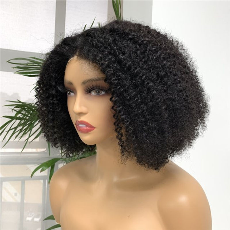 HairUGo Afro-verworrene Bob-Perücke aus Echthaar mit 4x4 Spitzenverschluss in Schwarz - Bild 1