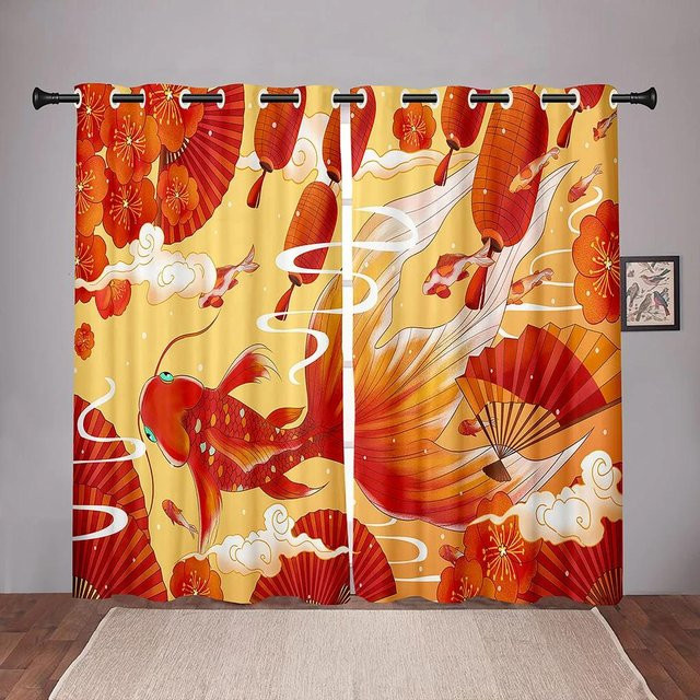Yiran Furniture Verdunkelungsvorhänge mit Goldfisch-Motiv, 2er-Set, Gelb/Mehrfarbig, B: 55 cm, H: 120 cm - Bild 1
