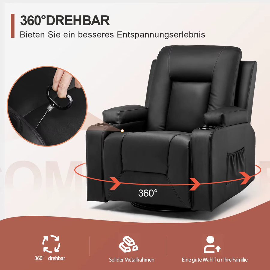 COMHOMA Relaxsessel mit Liegefunktion und Schaukelfunktion, Fernsehsessel in Schwarz aus PU-Leder und Stoff mit Getränkehaltern und Seitentaschen - Bild 2
