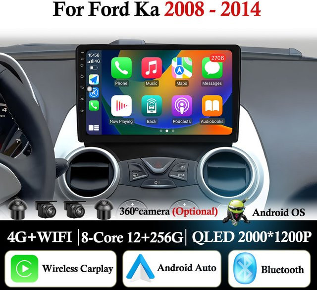 KJ-NAVI Android 16 Multimedia-Autoradio für Ford Ka K2 (2008-2014) mit Carplay, GPS und Wi-Fi in Schwarz - Bild 1