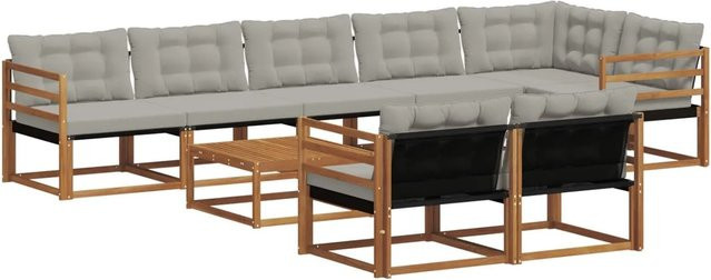vidaXL Outdoor-Sofagarnitur 9-teilig aus massivem Akazienholz mit Textilene und Kissen in Natur und Hellgrau - Bild 1