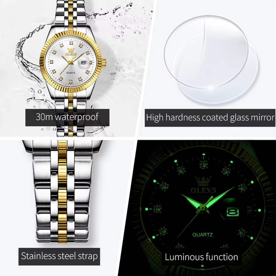 OLEVS Armbanduhr, Quarz, Edelstahl, Diamant, Damen, Weiß, Bicolor - Bild 3