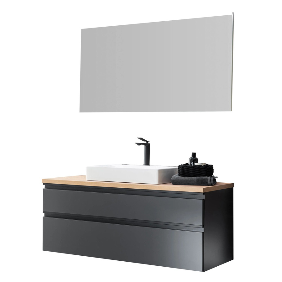 Schöner Wohnen Badmöbel-Set Stockholm 4-teilig in Cosmos Grey mit Waschtischunterschrank, Waschtischablageplatte, Aufsatzwaschtisch und Flächenspiegel mit LED-Beleuchtung, Breite: 120 cm - Bild 2