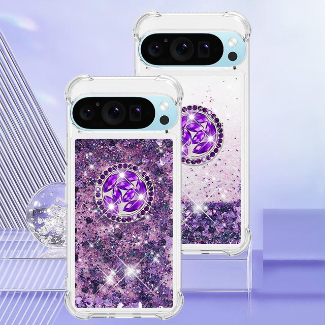 Glitzer Ringhalter Hülle für Google Pixel 9 in Transparent und Purple, Stoßfeste Airbag Schutzhülle mit Glanzeffekt - Bild 1