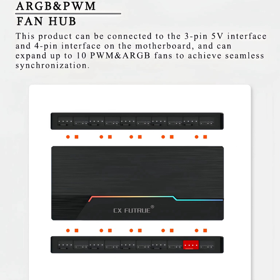 AuyiHomu Dualer 10-Port 4-Pin PWM 5V 3-Pin ARGB Lüfter-Hub mit Fernbedienung für PC-Gehäusekühlung in Schwarz - Bild 2