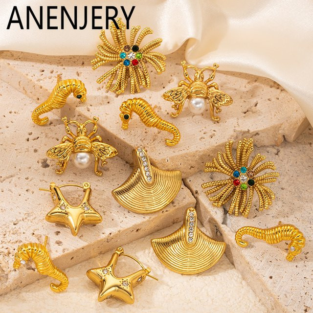 ANENJERY Ohrringe, Edelstahl, Perle, Gold, Damen, Vintage - Bild 1