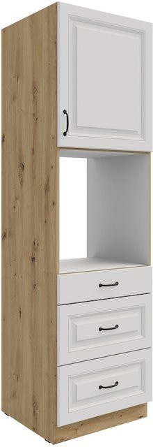 Küchen Backofen Hochschrank Stilo Weiss mit Eiche Optik, 1 Tür, 3 Schubkästen und einem offenen Fach, Breite: 60 cm - Bild 1
