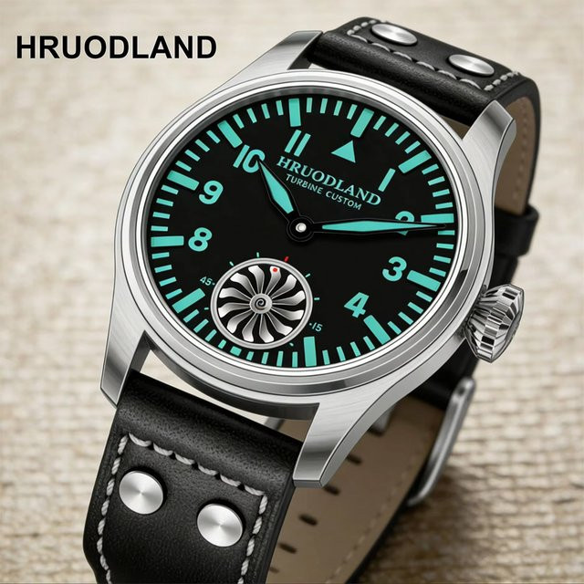Hruodland Armbanduhr, Handaufzug, Edelstahl, Leder, Herren, Schwarz - Bild 1
