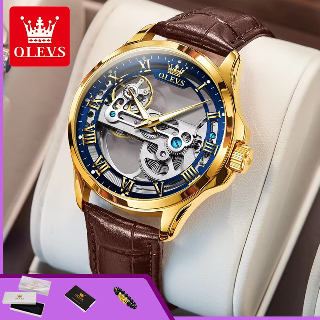 OLEVS Armbanduhr, Automatik, Leder, Gold, Bicolor, Blau, Herren - Bild 1