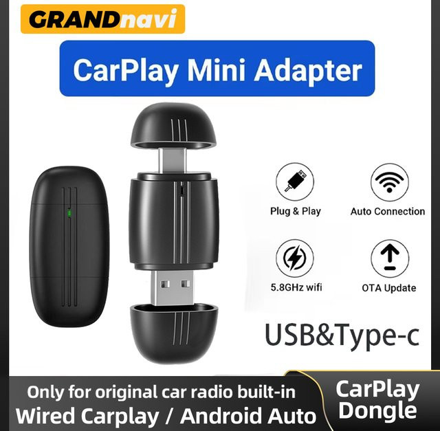 Grandnavi 2-in-1 Kabelloser CarPlay und Android Auto Adapter mit USB und USB-C Dual-Interface in Schwarz - Bild 1