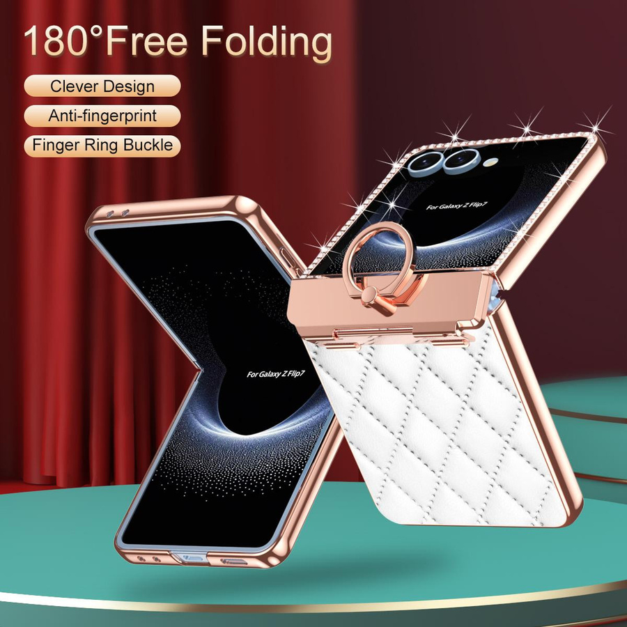 Samsung Galaxy Z Flip 7 Handyhülle aus galvanisiertem Leder mit Glitzer-Diamant-Textur und Ring-Aufhängung in Weiß - Bild 1