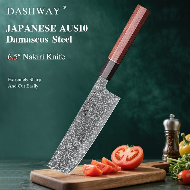 DASHWAY Nakiri Kochmesser aus Damaszener Stahl mit Holzgriff, handgefertigtes Profi-Küchenmesser für Fleisch und Gemüse, 16,5 cm - Bild 1