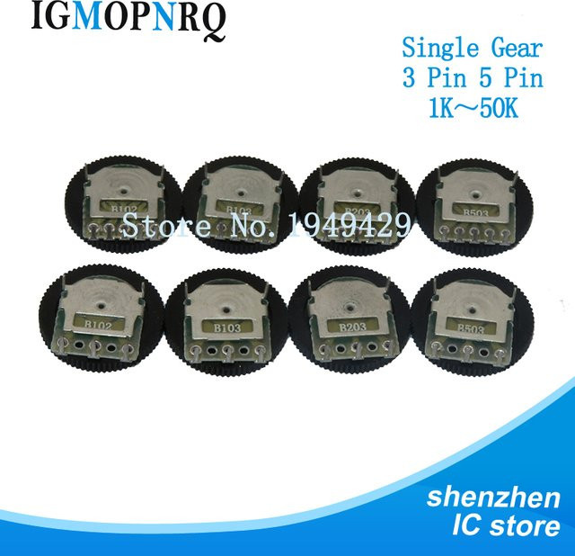 5 Stück Doppel Getriebe Tuning Potentiometer B102 B103 B203 B503 B1K B10K B20K B50K in Schwarz mit 3-Pin oder 5-Pin Anschluss und 16x2mm Zifferblatt - Bild 1