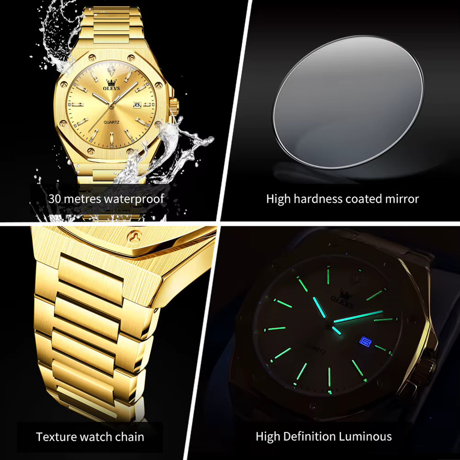 OLEVS Armbanduhr, Gold, Eckig, Quarz, Edelstahl, Herren - Bild 3