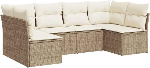 vidaXL 6-tlg Garten-Sofagarnitur in L-Form aus Polyrattan mit Kissen in Beige und Cremeweiß - Bild 1