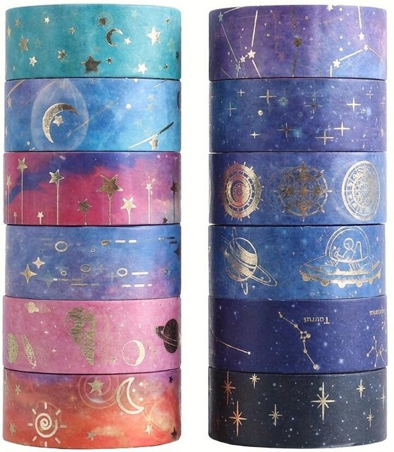 Mango Event Galaxy Washi Tape Set mit Goldfolie und Celestial Motiven wie Mond und Sternen, 12 Rollen, Multicolor - Bild 1