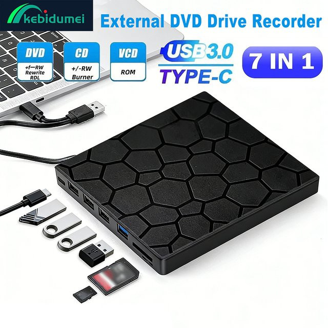 Kebidumei 7-in-1 Externes DVD-Laufwerk mit USB 3.0 und USB-C, CD/DVD-Brenner in Schwarz für Mac, Windows und Linux - Bild 1