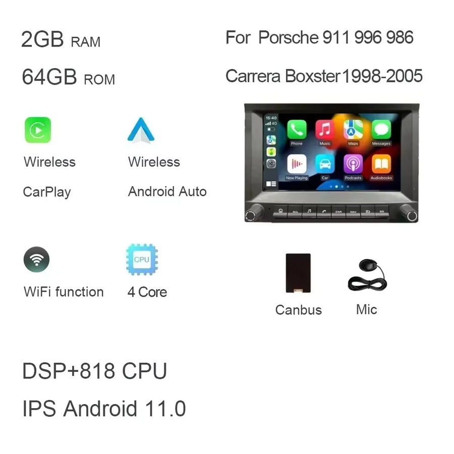 Sadocom Android 14.0 Autoradio mit 7 Zoll 2 DIN Display, 8-Kern Prozessor, 4GB RAM, DSP, GPS und CarPlay in Schwarz für Porsche 911 996 986 Cayman Boxster - Bild 5