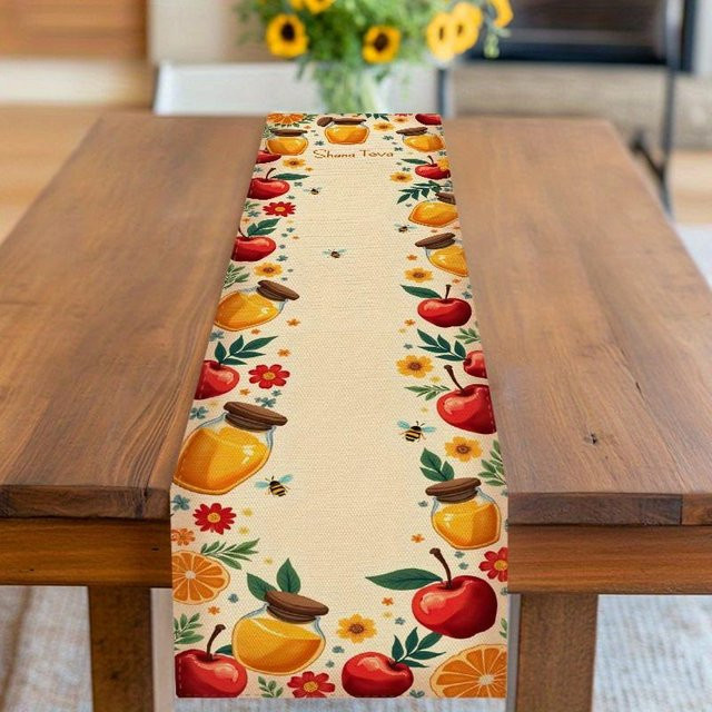 JMG Household Supplies Tischläufer aus Leinen mit floralem Design für Rosh Hashanah in Beige, B/L: 33 x 150 cm - Bild 1