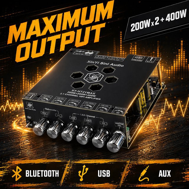 diymore XY-HT21MAX Bluetooth 2.1-Kanal Audio-Stereo-Subwoofer-Verstärker mit Höhen- und Bassregelung 200WX2+400W - Bild 1