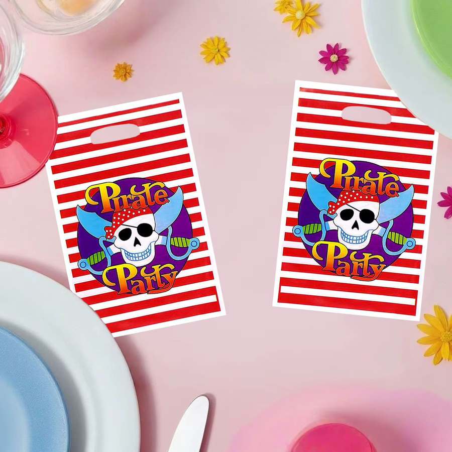 20 Stück Piraten Party-Geschenktüten in Rot-Weiß gestreift mit Piratenmuster für Geburtstag und Veranstaltungen - Bild 3