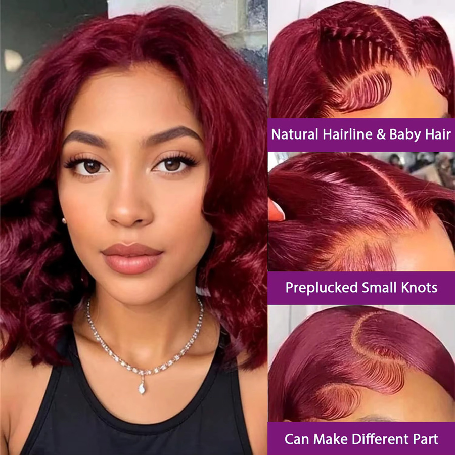 Happy Monday Bob-Perücke, Body Wave, Echthaar, Burgunderrot - Bild 3