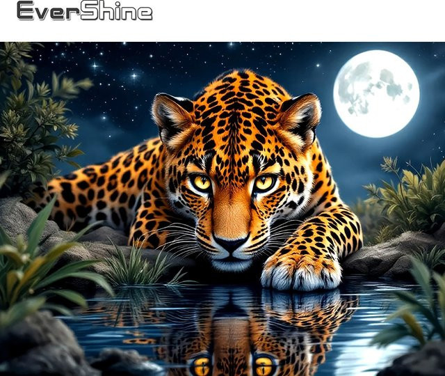EverShine Diamond Painting Set Leopard Mond Motiv mit Vollquadrat-Mosaik und bunten Strass-Steinen zur Wandkunst Bastelset - Bild 1