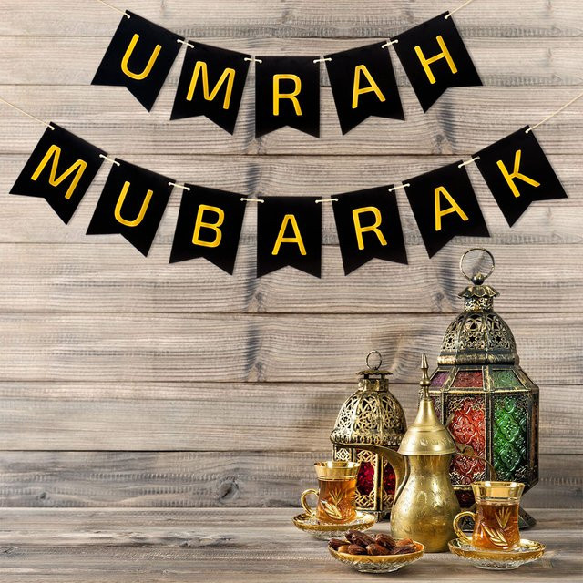 PATIMATE Umrah Mubarak Banner Eid Mubarak Dekoration in Schwarz, Orientalisches Ramadan Kareem Wimpel-Set aus Papier für islamische Muslimische Partys - Bild 1